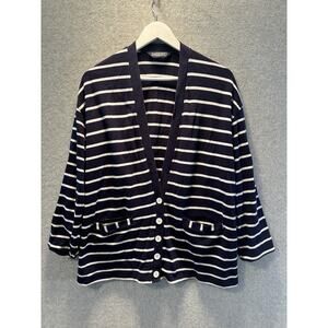 VTG Lands' End Women's Size XL Cardigan Sweater Cotton Navy White Stripes F1002